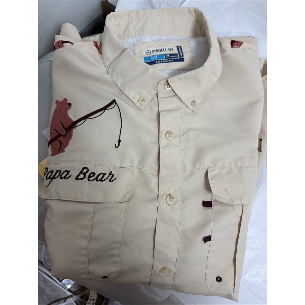 Magellan Outdoors Fish Gear Shirt Mens XL Graphic Beige SS Vented Collar NWOT